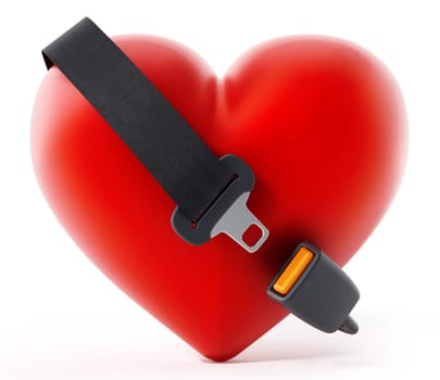 Seatbelt around the red heart. 3D illustration.