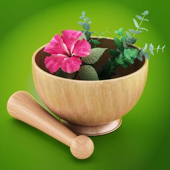 Mortar, pestle and flower isolated on green background. 3D illustration.