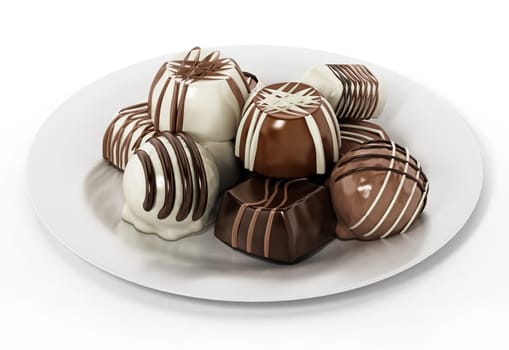 Assorted chocolates isolated on white background. 3D illustration.