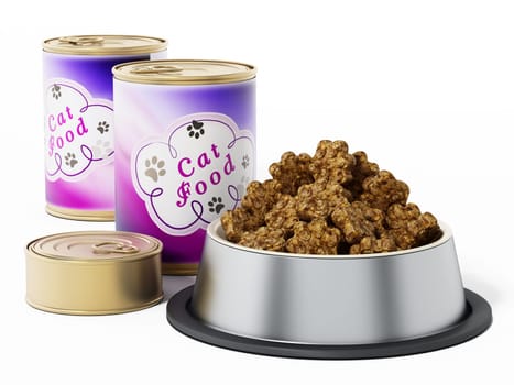 Cat food canisters and bowl isolated on white background. 3D illustration.