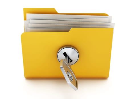 Key on locked yellow folder. 3D illustration.