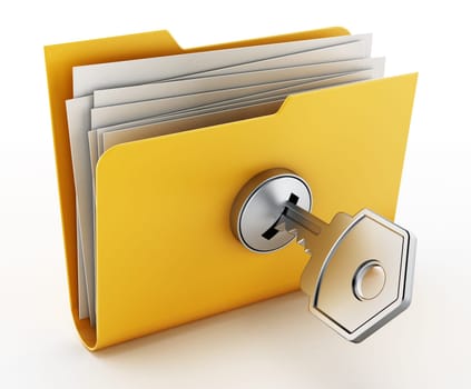 Key on locked yellow folder. 3D illustration.