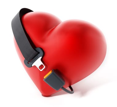Seatbelt around the red heart. 3D illustration.