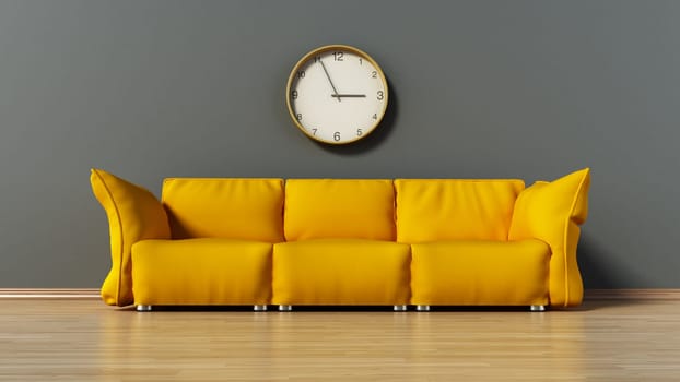 Green couch standing on parquet ground. 3D illustration.