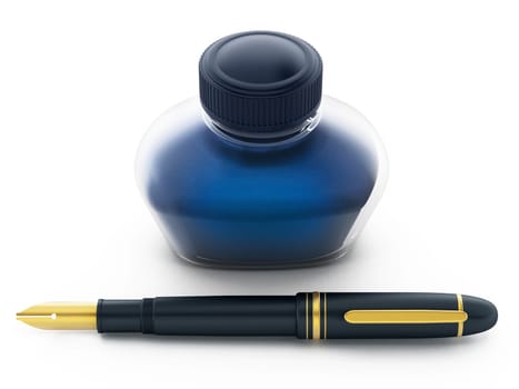 Blue ink bottle and pen isolated on white background. 3D illustration.