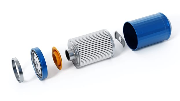 Spare new oil filter exploded perspective. 3D illustration.