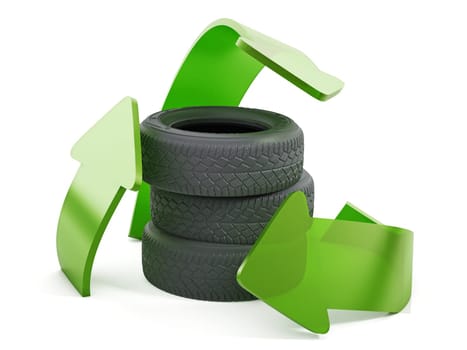 Recycle symbol around used tyres. 3D illustration.