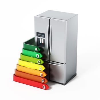 Generic silver refrigerator and energy efficiency levels chart. 3D illustration.