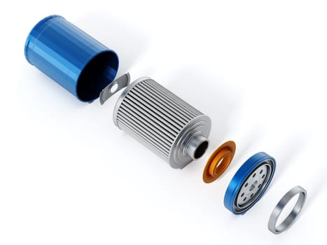 Spare new oil filter exploded perspective. 3D illustration.