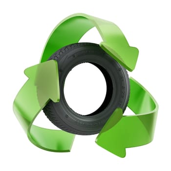 Recycle symbol around used tyre. 3D illustration.