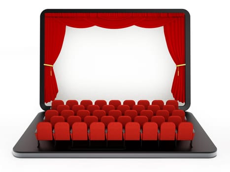 Red seats on laptop computer with blank screen. 3D illustration.