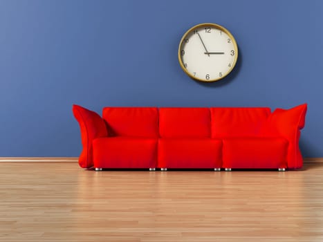 Red couch standing on parquet ground. 3D illustration.