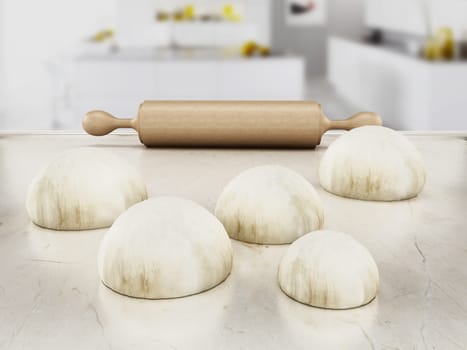 Rolling pin and fresh doughs standing on white table. 3D illustration.