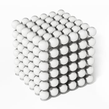 White spheres forming a cube shape. 3D illustration.