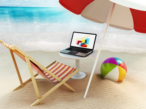 Beach umbrella, sunbed, ball and laptop computer by the seashore. 3D illustration.