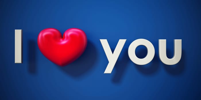 I love you text with a red heart on blue background. 3D illustration.