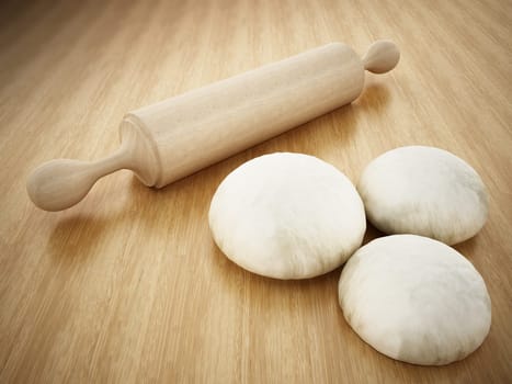 Rolling pin and fresh doughs standing on wooden table. 3D illustration.