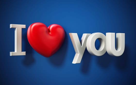 I love you text with a red heart on blue background. 3D illustration.
