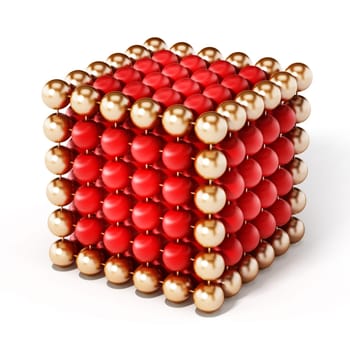 Red and gold spheres forming a cube shape. 3D illustration.