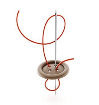 Sewing needle, rope and button isolated on white background. 3D illustration.