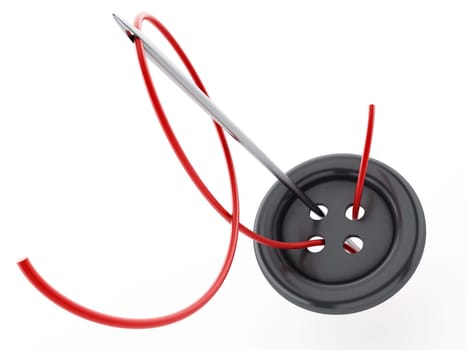 Sewing needle, rope and button isolated on white background. 3D illustration.