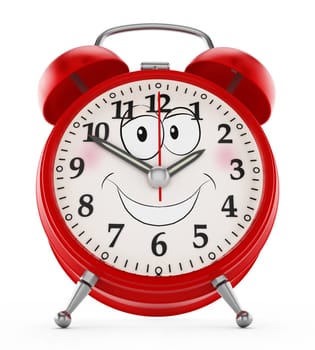 Red alarm clock with a smiling face isolated on white background. 3D illustration.