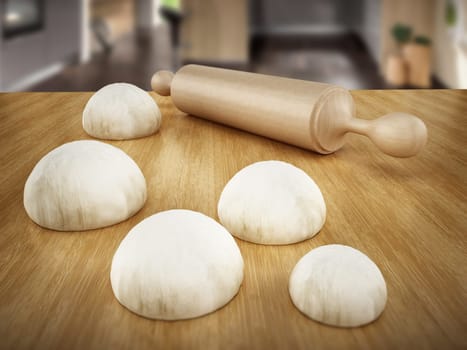 Rolling pin and fresh doughs standing on wooden table. 3D illustration.