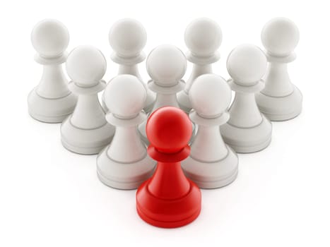 Red chess pawn standing ahead of white pawns. 3D illustration.