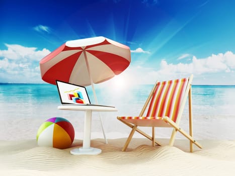 Beach umbrella, sunbed, ball and laptop computer by the seashore. 3D illustration.