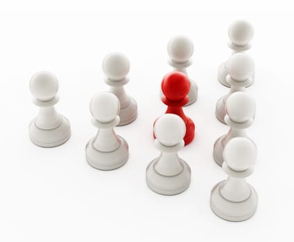 Red chess pawn standing ahead of white pawns. 3D illustration.