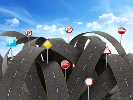 Tangled, crowded, chaotic roads and many traffic signs. 3D illustration
