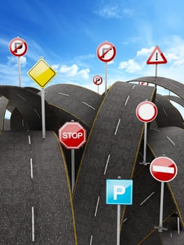 Tangled, crowded, chaotic roads and many traffic signs. 3D illustration