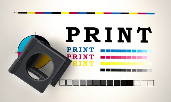 Printing loupe standing on colour test paper. 3D illustration.