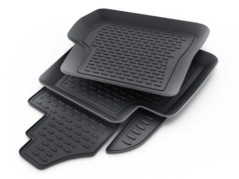 Black rubber car mats isolated on white background. 3D illustration.