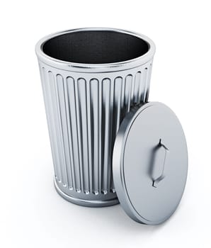 Empty metal trash bin isolated on white background. 3D illustration.