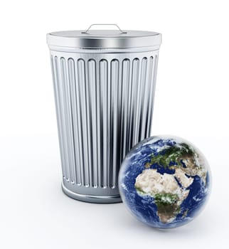 Earth standing near metal trash bin. 3D illustration.