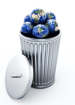 Globes standing inside metal trash bin. 3D illustration.