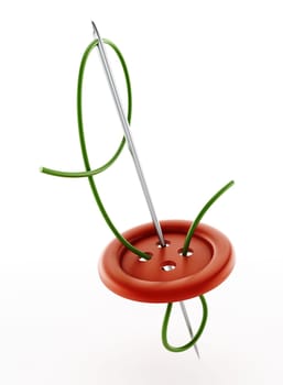 Sewing needle, rope and button isolated on white background. 3D illustration.