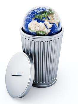 Earth standing inside metal trash bin. 3D illustration.