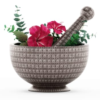 Mortar, pestle and flower isolated on white background. 3D illustration.