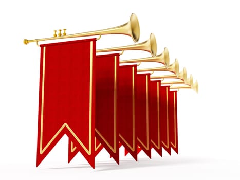 Swallow flags and trumpets isolated on white background. 3D illustration.
