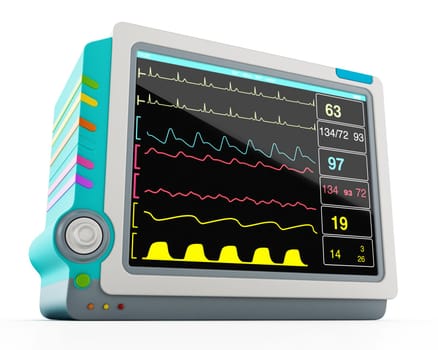 Medical monitor showing vital health information isolated on white background. 3D illustration.