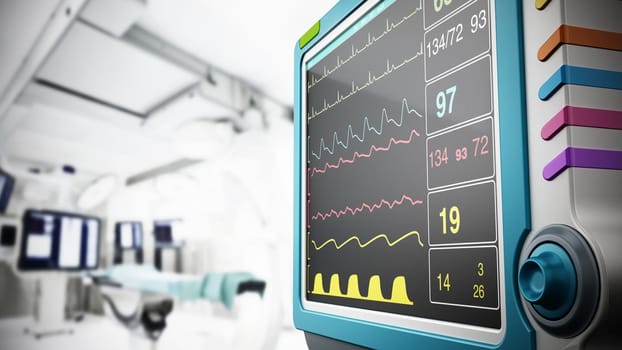 Medical monitor showing vital health information. 3D illustration.