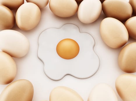 Fried egg and raw eggs isolated on white background. 3D illustration.