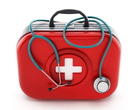 Stethoscope standing on first aid kit. 3D illustration.