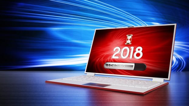 Notebook with 2018 and loading texts on the screen. 3D illustration.