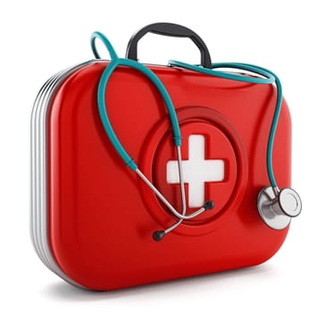 Stethoscope standing on first aid kit. 3D illustration.