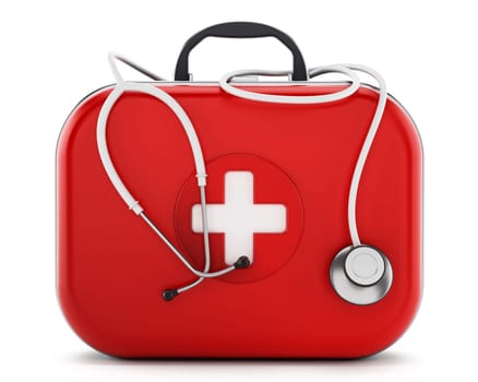 Stethoscope standing on first aid kit. 3D illustration.