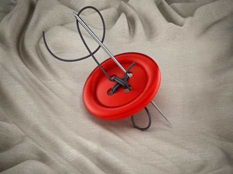 Sewing needle, string and red button on white cloth. 3D illustration.