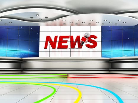 Modern news studio with large TV screens. 3D illustration.